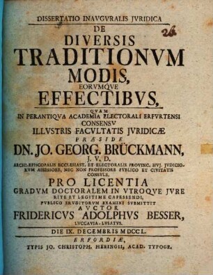 Dissertatio Inavgvralis Jvridica De Diversis Traditionvm Modis, Eorvmqve Effectibvs