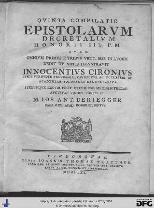 Qvinta Compilatio Epistolarvm Decretalivm Honorii III. P. M.