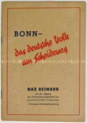 Broschüre mit dem Wortlaut der Rede von Max Reimann auf einer Tagung in Bad Godesberg