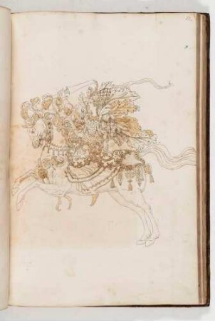 Krieger mit prachtvollem Harnisch und Speer auf einem springenden Pferd, in: Equestrium statuarum [...] formae [...] artificiosissime pictis, Bl. 61