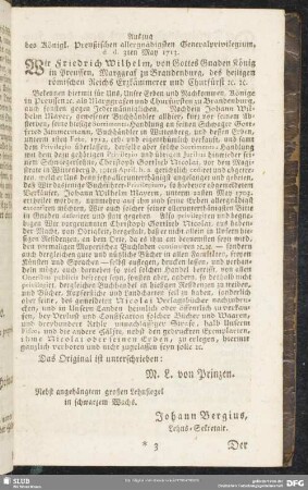 Auszug des Königl. Preußischen allergnädigsten Generalprivilegium. d. d. 3ten May 1713.
