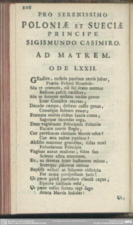 Pro Serenissimo Poloniae Et Sueciae Principe Sigismundo Casimiro Ad Martem. Ode LXXII.