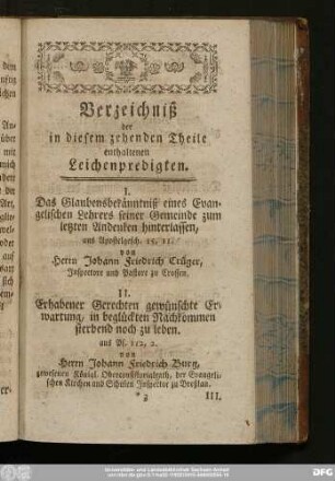 Verzeichniß der in diesem zehenden Theile enthaltenen Leichenpredigten.