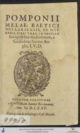 POMPONII MELAE, BAETICI MELLARIENSIS, DE SITV ORBIS, LIBRI TRES