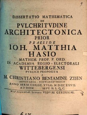 Dissertatio Mathematica De Pvlchritvdine Architectonica ..., 1