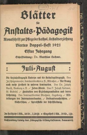 Juli-August: Viertes Doppelheft 1921