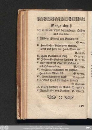 Verzeichniß der in diesem Theil beschriebenen Helden und Sachen.