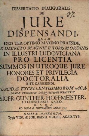 Diss. inaug. de jure dispensandi