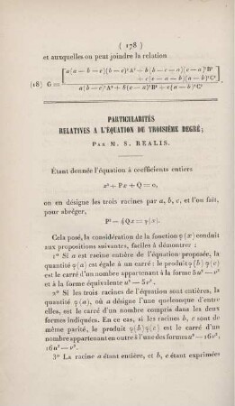 Particularités relatives a l'équation du troisième degré.