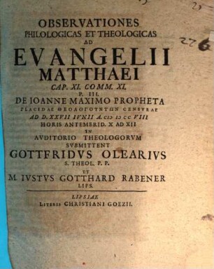 Observationes philologicas et theologicas ad Evangelii Matthaei Cap. XI, comm. 11 : Pars III., de Ioanne maximo propheta