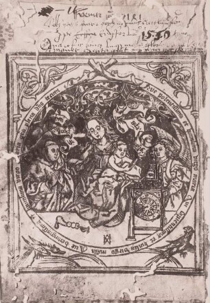 Maria mit der Uhr, mit Jesus, einem Engel und einem Mönch