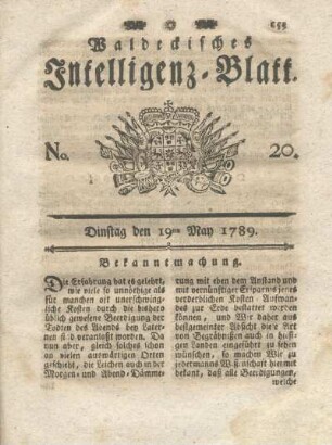 No. 20, Dinstag den 19ten May 1789