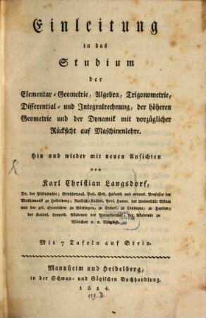 Einleitung in das Studium der Elementar-Geometrie, Algebra, Trigonometrie ...