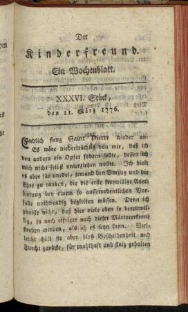 XXXVI. Stück, den 11. März 1776