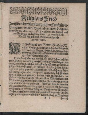 Religions Fried Zwischen der Augspurgischen Confession-Verwanten/ und den Bäpstischen ...