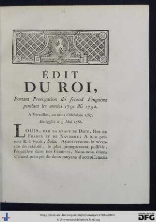 Édit du Roi, portant Prorogation du second Vingtieme pendant les années 1791 et 1792.