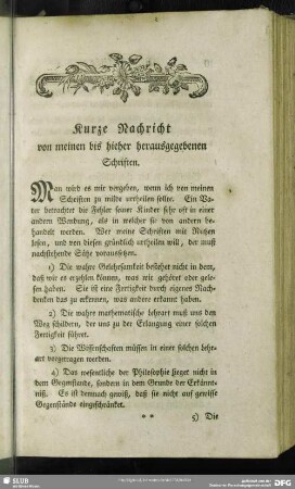 Kurze Nachricht von meinen bis hieher herausgegebenen Schriften