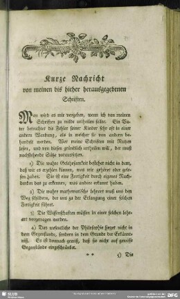 Kurze Nachricht von meinen bis hieher herausgegebenen Schriften