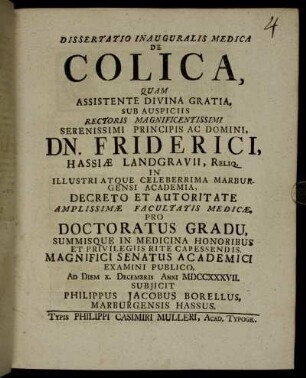 Dissertatio Inauguralis Medica De Colica