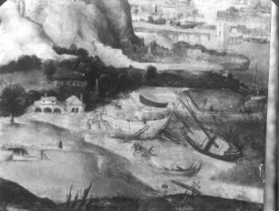 Felsenlandschaft mit Meeresufer bei aufziehendem Gewitter (Wunder der heiligen Katharina) Ausschnitt: Landschaft rechts mit Schiffen