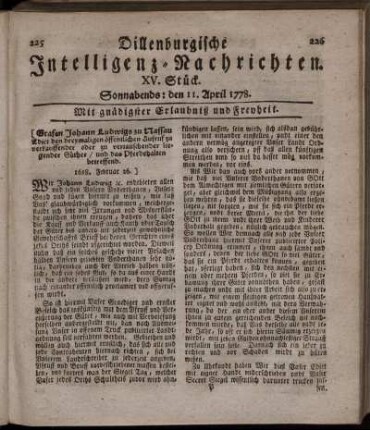 XV. Stück. Sonnabends: den 11. April 1778.