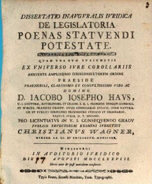 Dissertatio Inavgvralis Ivridica De Legislatoria Poenas Statvendi Potestate : Vna Cvm Svbivnctis Ex Vniverso Ivre Corollariis