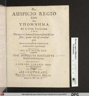 De Auspicio Regio Liber. Sive Ypomnēma Ad C. Corn. Tac. Locum 13. A. 6.