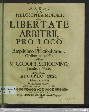 Ex philosophia morali de libertate arbitrii