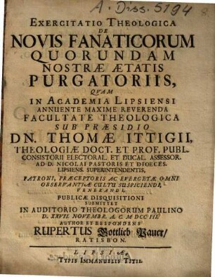 Exercitatio Theologica De Novis Fanaticorum Quorundam Nostrae Aetatis Purgatoriis
