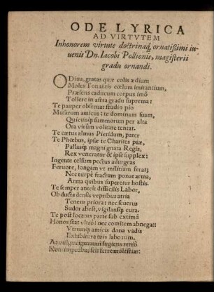 Ode Lyrica Ad Virtutem ... Dn. Iacobi Pollionis ...