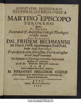 Disputatio Inauguralis Historico-Theologica De Martino Episcopo Turonensi