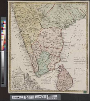 Peninsula Indiae citra Gangem, hoc est Orae celeberrimae Malabar & Coromandel Cum adiacente Insula non minus celebratissima Ceylon : Secundum prototypon Del'Islianum edita, insuperque novissimis Observationibus correcta, et notatis, quae cuivis genti Europaeae possidentur terris et emporijs