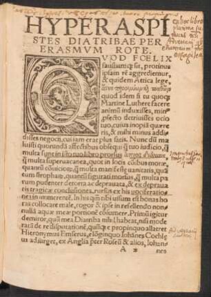 Hyperaspistes Diatribae Per Erasmum Rote.