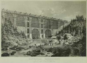 Bau der Elstertalbrücke : Jocketa, Elstertalbrücke, erbaut 1846-1851, Grafik, 1850