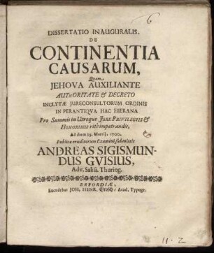 Dissertatio Inauguralis. De Continentia Causarum