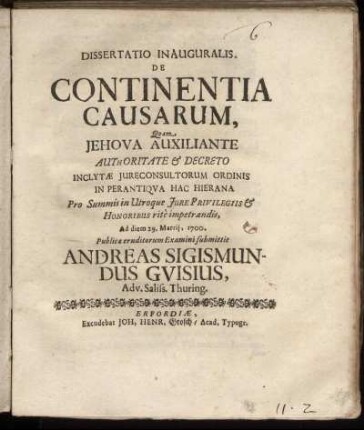 Dissertatio Inauguralis. De Continentia Causarum