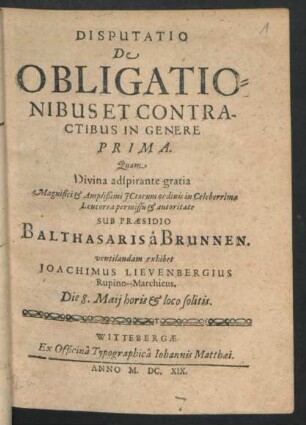 Disputatio De Obligationibus Et Contractibus In Genere Prima