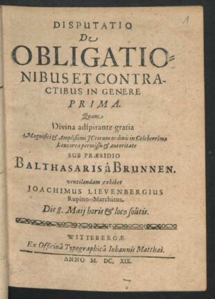 Disputatio De Obligationibus Et Contractibus In Genere Prima