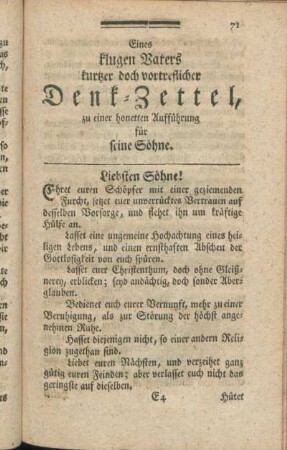 Eines klugen Vaters kurtzer doch vortreflicher Denk-Zettel, zu einer honetten Aufführung für seine Söhne.