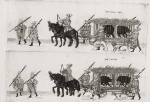 Aufzug zur Fastnacht 1609 in Dresden : Bretschneider, Daniel . Jäger mit Spießen, zweispännige Pferdewagen mit Wildschweinkäfigen, Hundeführer. Blatt 69 aus: Abriß und Verzeichnis aller Inventionen und Aufzüge, welche an Fastnachten Anno 1609 im kurfürstlichen Schlosse zu Dresden aufgeführt wurden. Deckfarben; ca. 28,9 x 52,7 cm. Nach 1609. Dresden: SLUB, Handschriftensammlung Mscr.Dresd.J.18