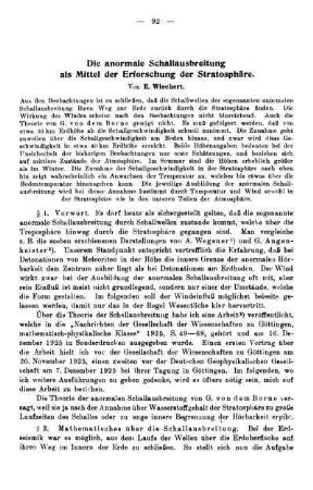Die anormale Schallausbreitung als Mittel der Erforschung der Stratosphäre