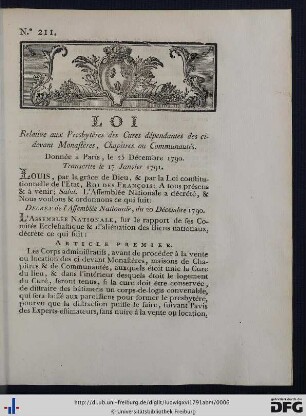 Loi Relative aux Presbytères des Cures dépendantes des ci-devant Monastères, Chapitres ou Communautés.