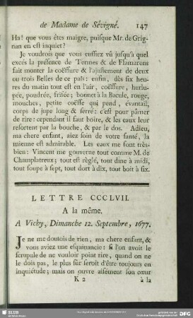 Lettre CCCLVII. A la même. A Vichy, Dimanche 12. Septembre, 1677