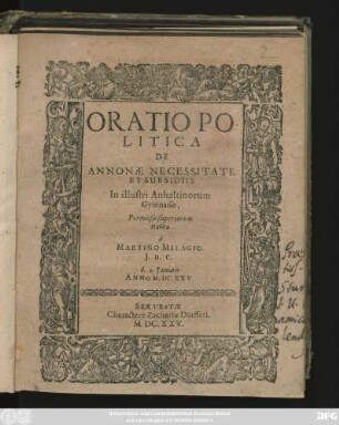 Oratio Politica De Annonae Necessitate Et Subsidiis