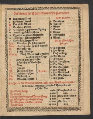 Erklärung der Characteren dieses Calenders.
