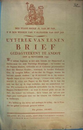 Den Vyand Krygt Al Van De Pan ... U yt-trek Van Eenen Brief Gedagteekent Te Andoy Den 15 September 1790.