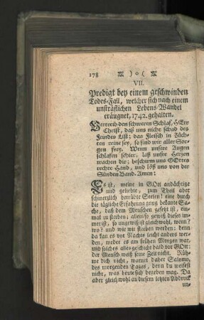 VII. Predigt bey einem geschwinden Todes-Fall, ..., 1742. gehalten.