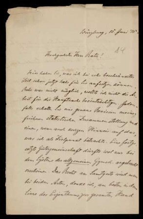 14: Brief von Richard Schröder an Gottlieb Planck, Würzburg, 15.6.1875