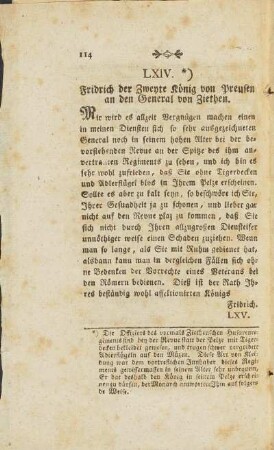 LXIV. Brief. Fridrich der Zweyte König von Preusen an den General von Ziethen