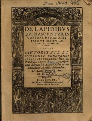 De lapidibus qui nascuntur in corpore humano, et praecipue renibus ac vesica, et ipsorum curatione theses
